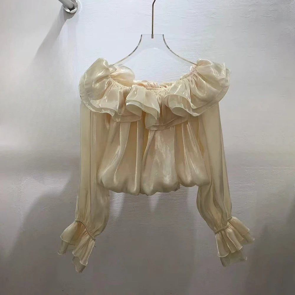 Trend4us Luxe Off-Shoulder Ruffle Organza Crop Blouse - Apricot