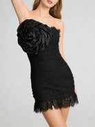 Trend4us Luxe Strapless Rosette Ruched Lace Mini Dress