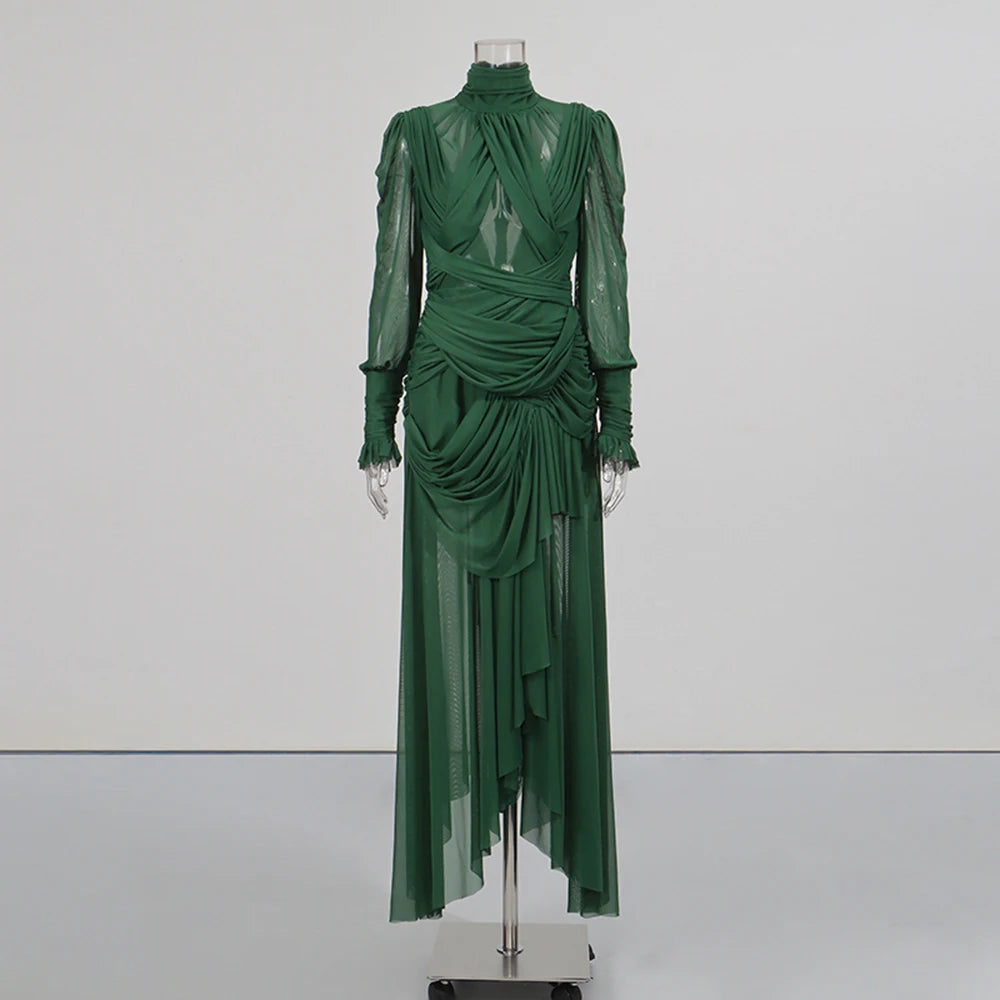 Trend4us Luxe Sheer Draped Illusion High-Neck Evening Gown - Green