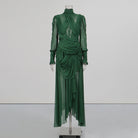 Trend4us Luxe Sheer Draped Illusion High-Neck Evening Gown - Green