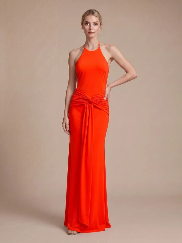 Trend4us Luxe Backless Halter Ruched Mermaid Maxi Dress in red
