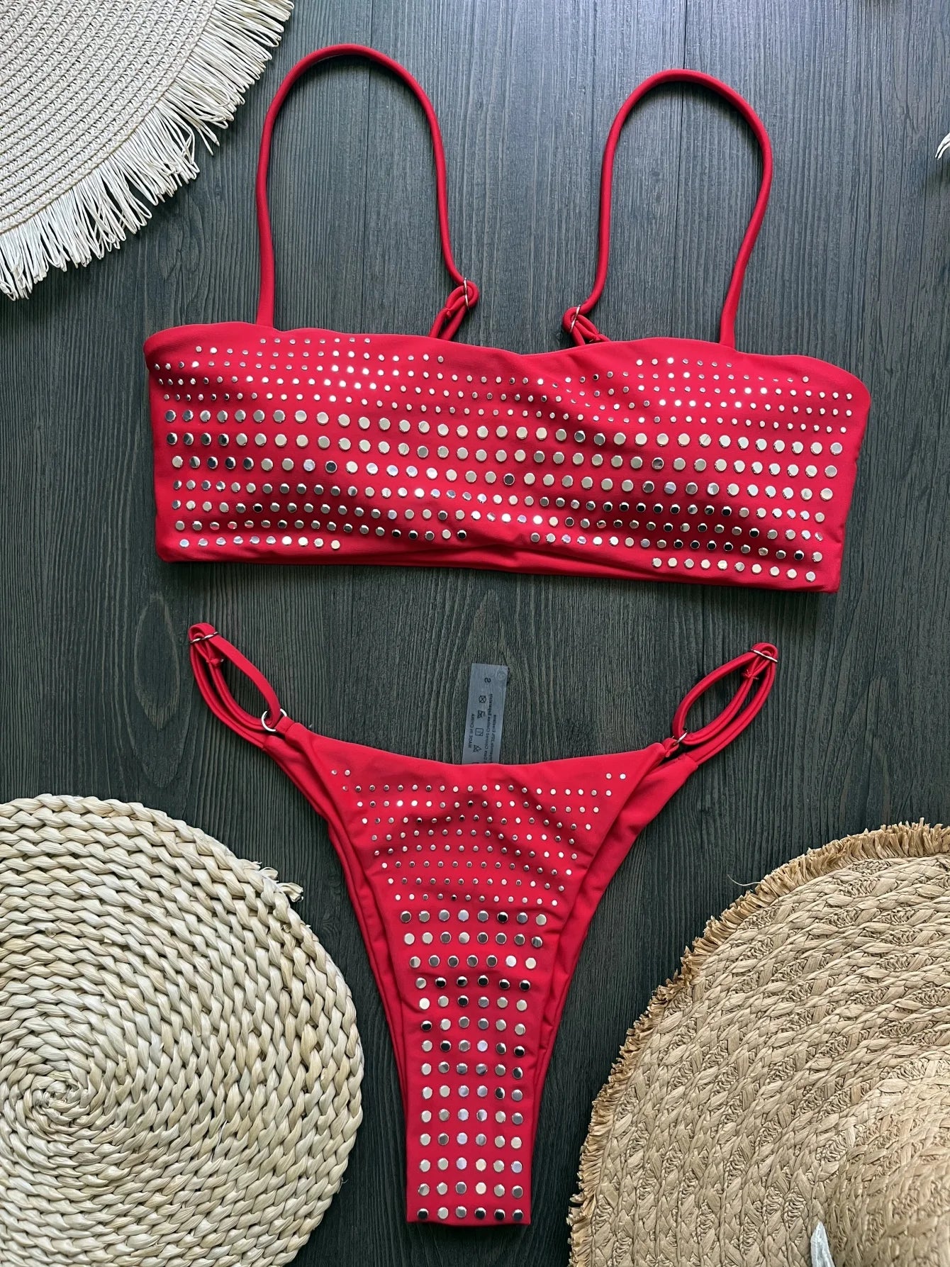 Trend4us Luxe Rhinestone Bandeau Bikini Set in red
