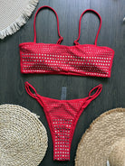 Trend4us Luxe Rhinestone Bandeau Bikini Set in red