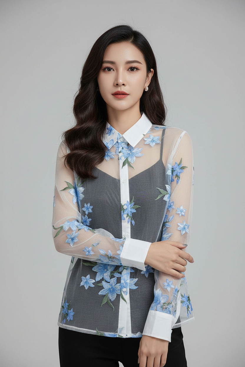 Trend4us Sheer Floral Print Blouse – Women's Sky Blue Button-Up