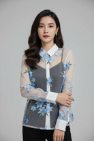 Trend4us Sheer Floral Print Blouse – Women's Sky Blue Button-Up