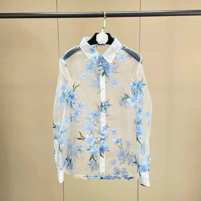 Trend4us Sheer Floral Print Blouse – Women's Sky Blue Button-Up