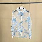 Trend4us Sheer Floral Print Blouse – Women's Sky Blue Button-Up