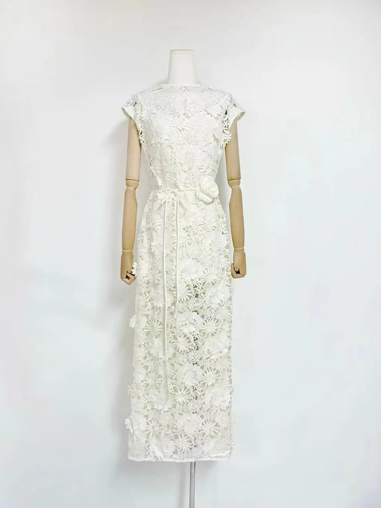 Trend4us Luxe 3D Floral Appliqué Sheer Evening Gown - White