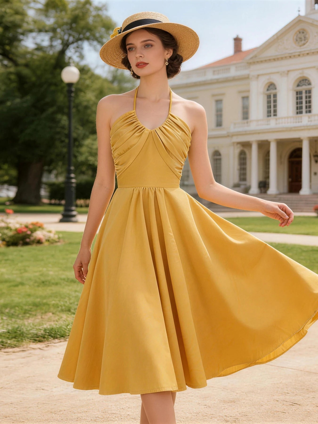 Trend4us Vintage Halter Ruched Summer Fit & Flare Dress in gold front view