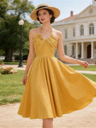 Trend4us Vintage Halter Ruched Summer Fit & Flare Dress in gold front view