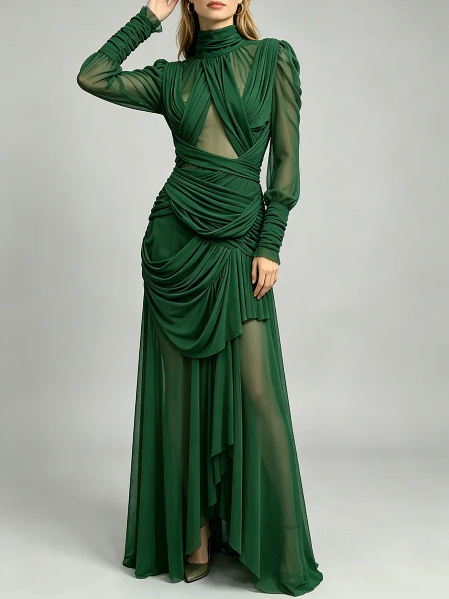 Trend4us Luxe Sheer Draped Illusion High-Neck Evening Gown