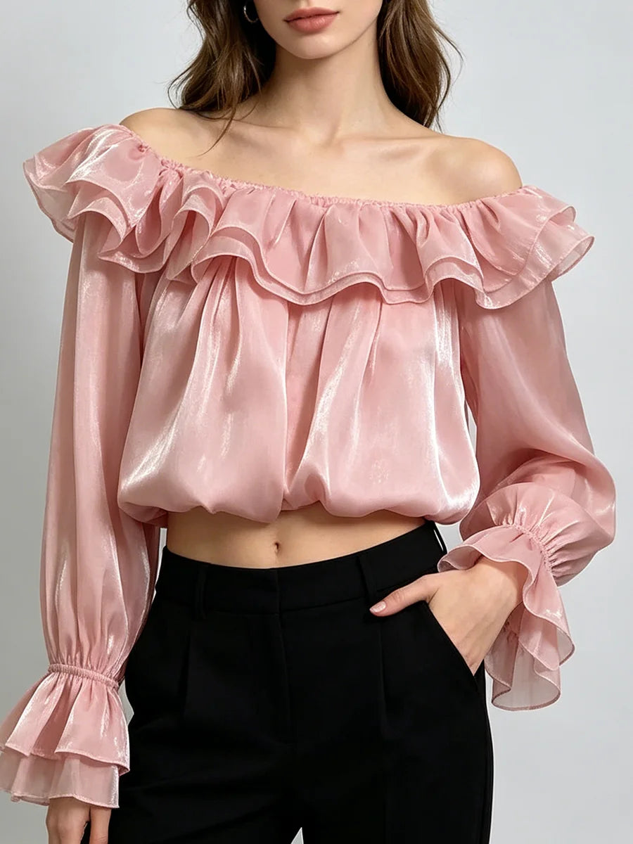 Trend4us Luxe Off-Shoulder Ruffle Organza Crop Blouse