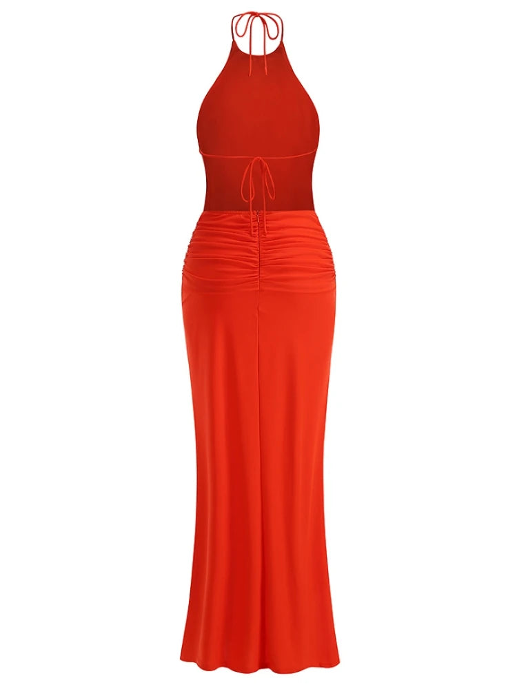 Trend4us Luxe Backless Halter Ruched Mermaid Maxi Dress in red back view