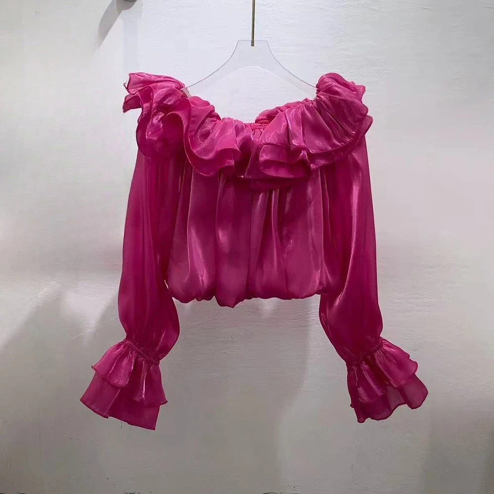 Trend4us Luxe Off-Shoulder Ruffle Organza Crop Blouse - Rose