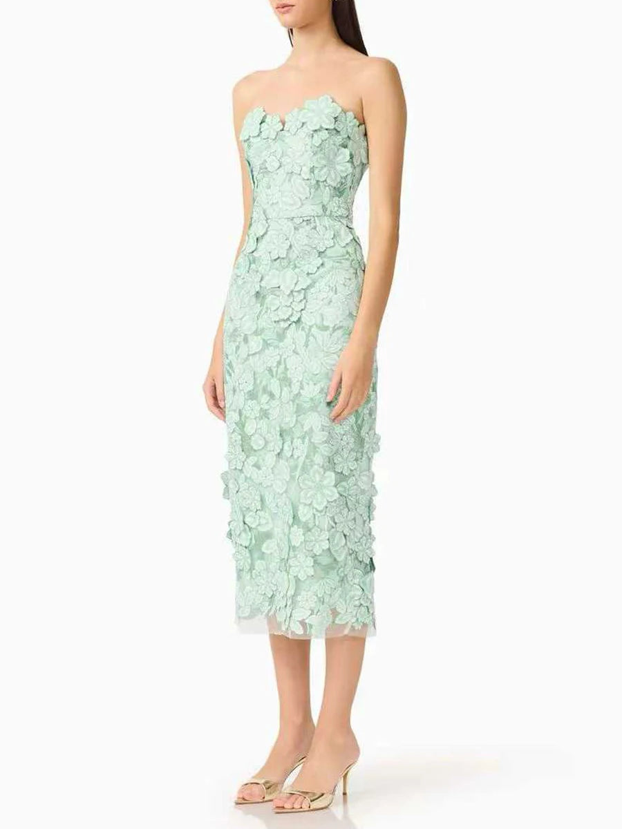 Trend4us Luxe Strapless 3D Floral Embroidered Midi Dress