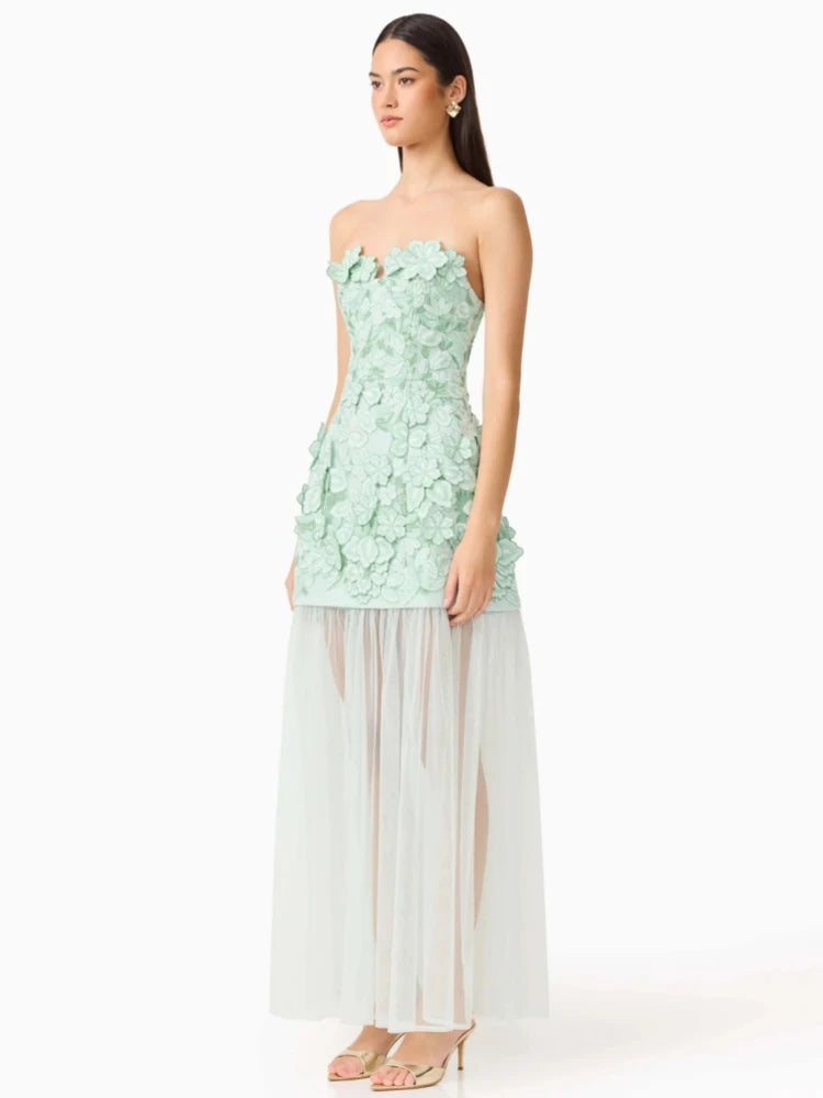 Trend4us Luxe 3D Floral Embroidered Strapless Illusion Evening Dress