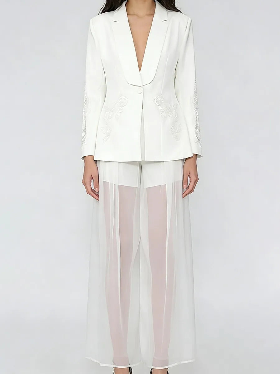 Front View Trend4us Luxe Crystal Beaded Blazer & Sheer Wide-Leg Pants Set in White