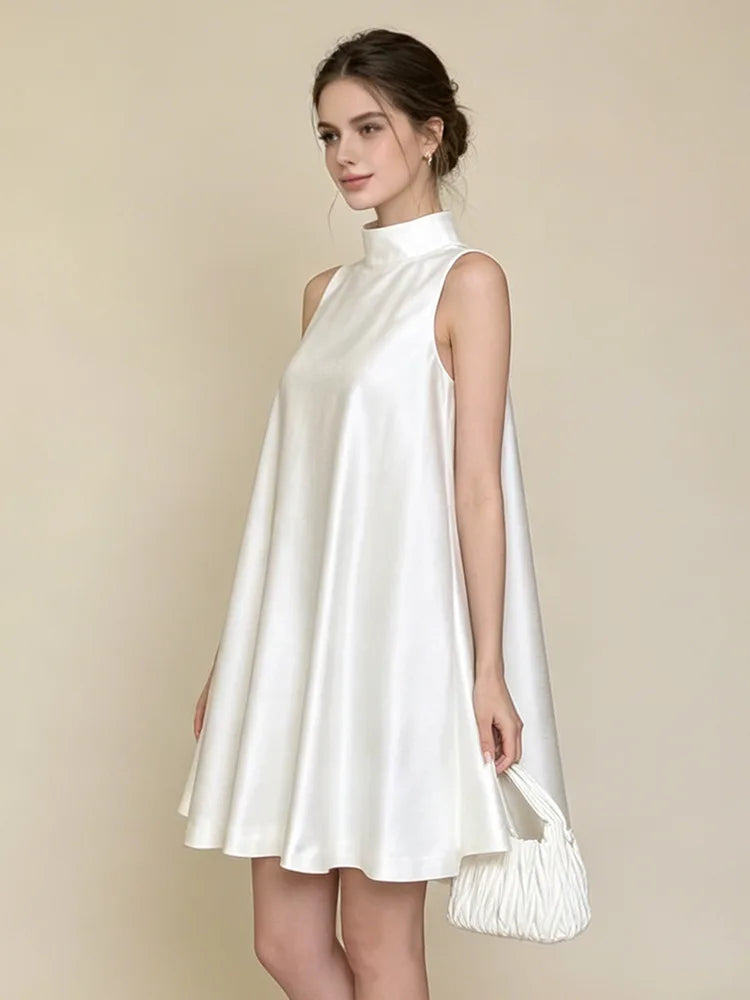 Trend4us Elegant Satin High Neck Swing Mini Dress