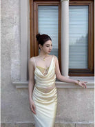 Trend4us Luxe Satin Lace Cowl Neck Maxi Skirt Set – Cream