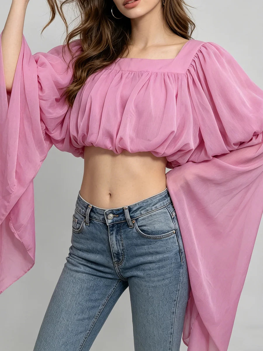 Trend4us Romantic Off-Shoulder Chiffon Puff Sleeve Crop Top