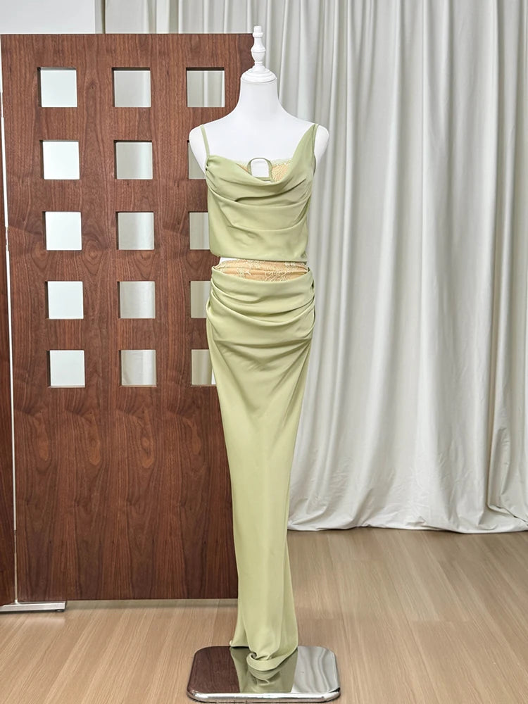 Trend4us Luxe Satin Lace Cowl Neck Maxi Skirt Set – Green