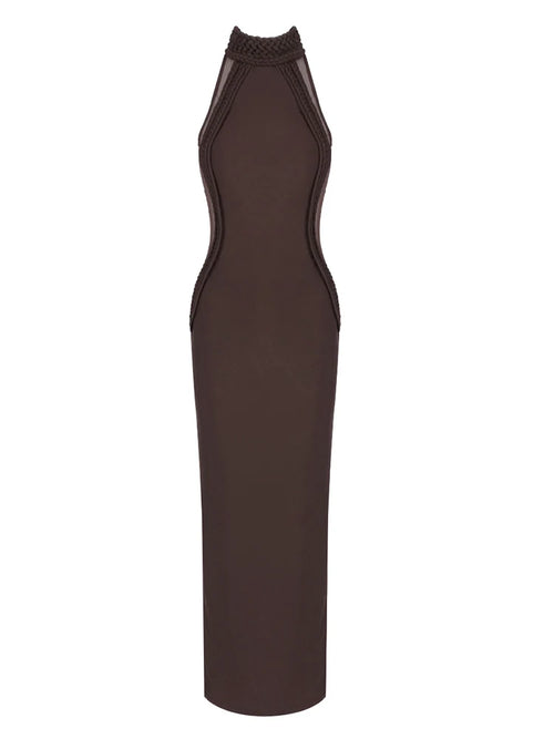 Luxe Braided Trim Halter Cutout Maxi Dress - Brown