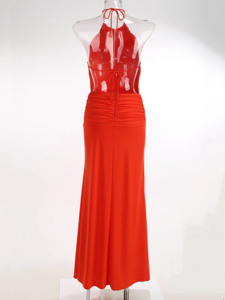 Trend4us Luxe Backless Halter Ruched Mermaid Maxi Dress in red back view