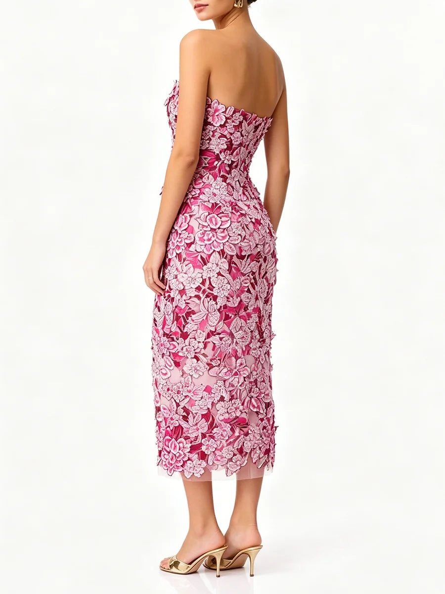 Trend4us Luxe Strapless 3D Floral Embroidered Midi Dress