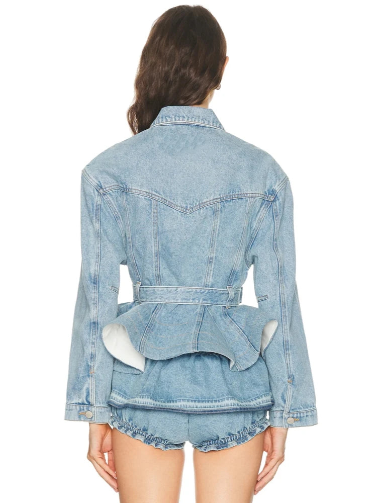 Trend4us Luxe Belted Peplum Denim Jacket & Ruffle Shorts Set in blue