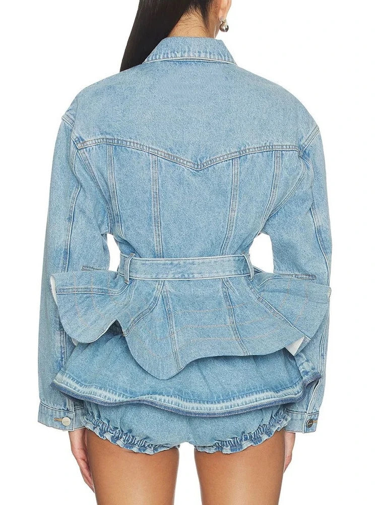 Trend4us Luxe Belted Peplum Denim Jacket & Ruffle Shorts Set in blue back view