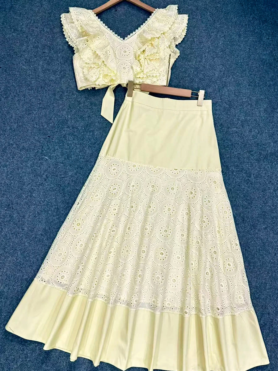Trend4us Luxe Eyelet Lace Ruffle Crop Top & Midi Skirt Set - Yellow
