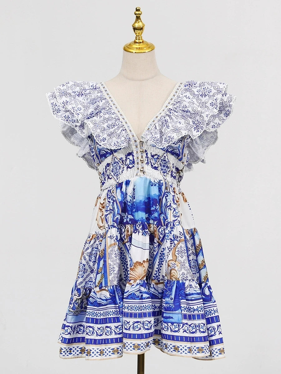Trend4us Luxe Mediterranean Print Ruffle Mini Dress