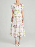 Pink floral lace-up back maxi dress front view