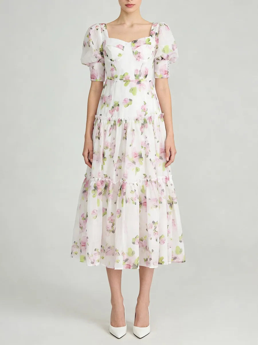 Pink floral lace-up back maxi dress front view