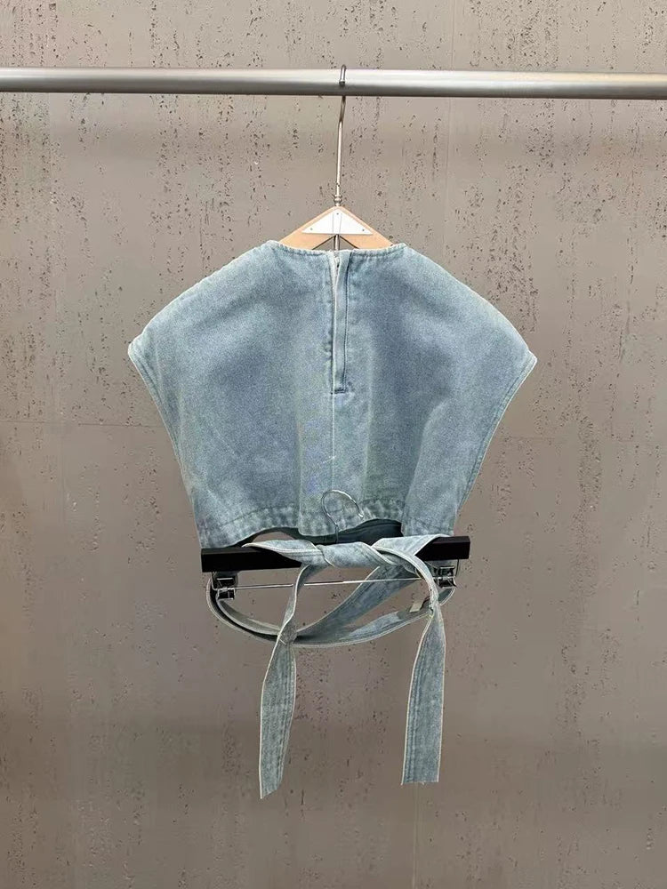 Trend4us Luxe Asymmetrical Denim Crop Top & Draped Skirt Set in blue