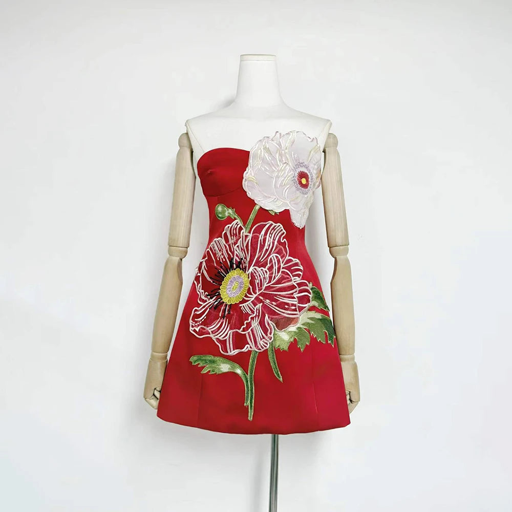 Trend4us Luxe Floral Appliqué Strapless High Waist Mini Dress - Red