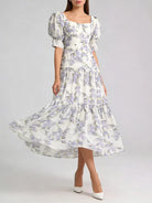 Purple floral lace-up back maxi dress front view