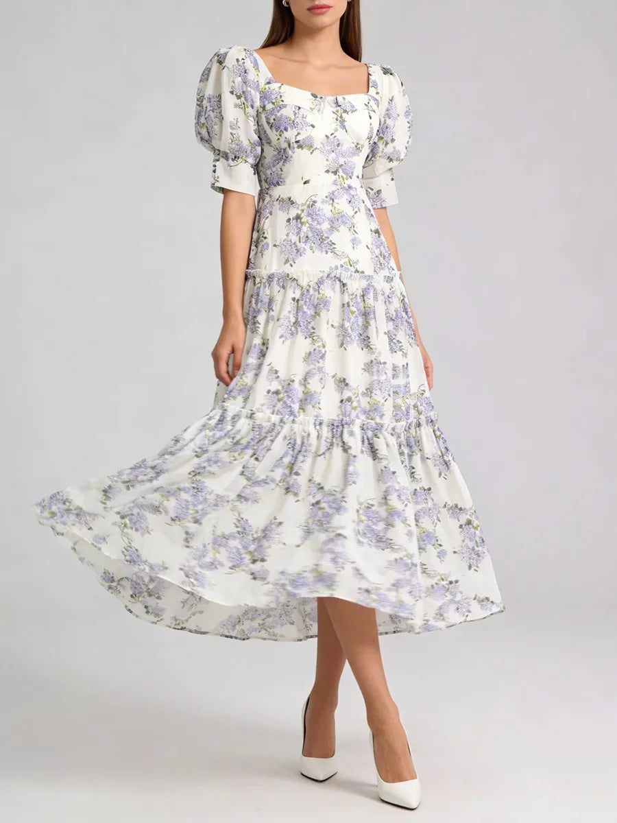 Purple floral lace-up back maxi dress front view