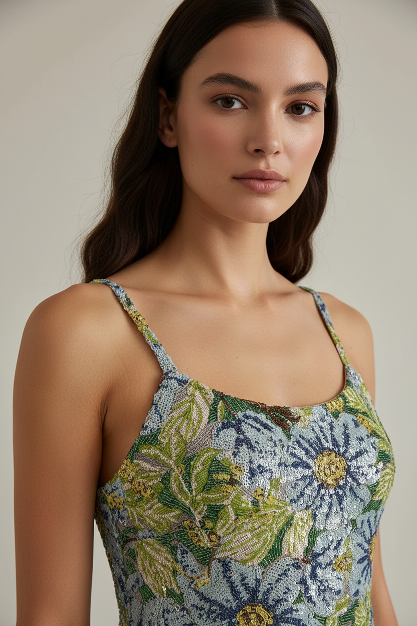 Trend4us Luxe Floral Sequin Jacquard Mini Dress Closer View
