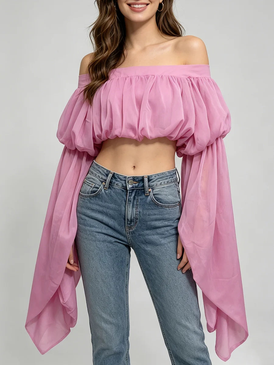 Trend4us Romantic Off-Shoulder Chiffon Puff Sleeve Crop Top