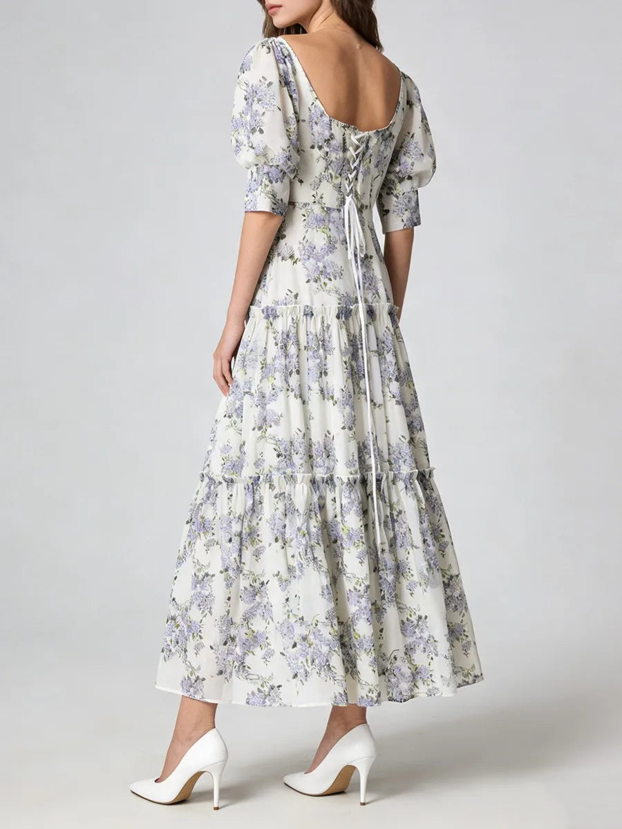 Purple floral lace-up back maxi dress saide view