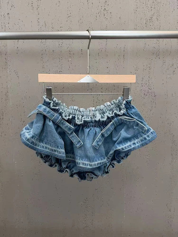 Trend4us Luxe Belted Peplum Denim Jacket & Ruffle Shorts Set in blue