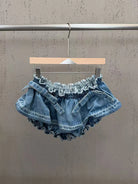 Trend4us Luxe Belted Peplum Denim Jacket & Ruffle Shorts Set in blue
