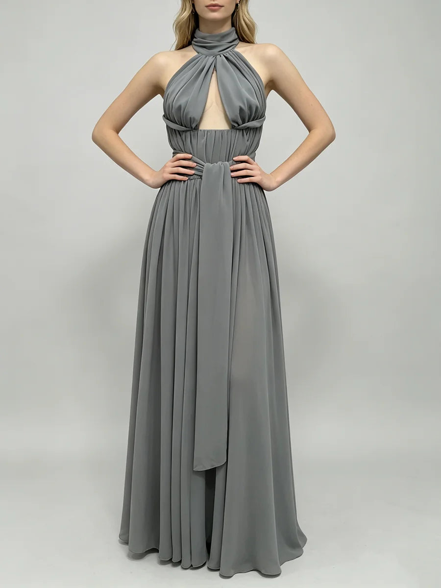 Trend4us Luxe Draped Halter Cutout Backless Evening Gown - Gray