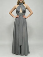 Trend4us Luxe Draped Halter Cutout Backless Evening Gown - Gray