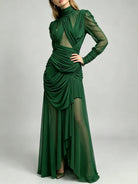 Trend4us Luxe Sheer Draped Illusion High-Neck Evening Gown