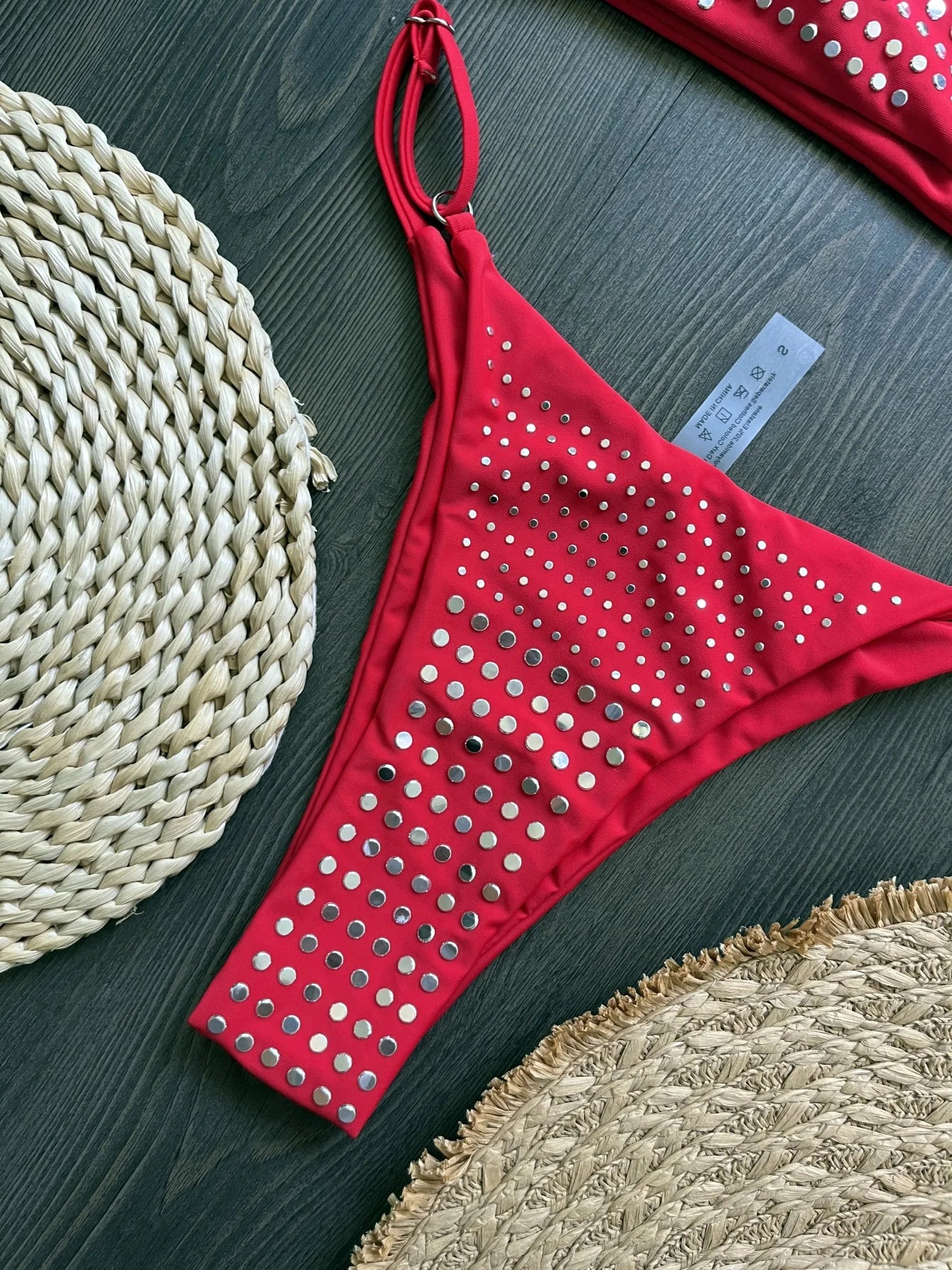 Trend4us Luxe Rhinestone Bandeau Bikini Set in red closer view