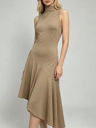 Trend4us Elegant High-Neck Asymmetrical Hem Midi Dress