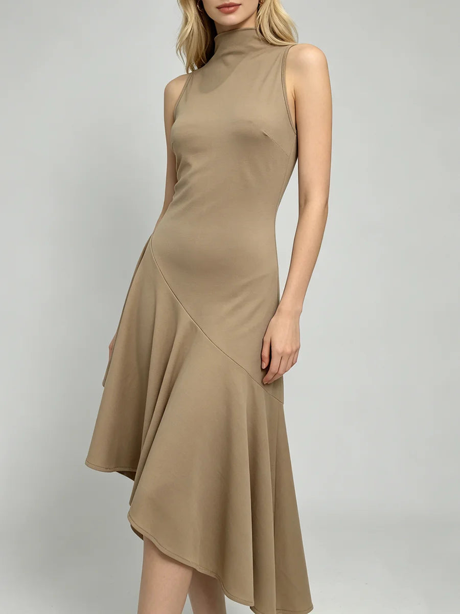 Trend4us Elegant High-Neck Asymmetrical Hem Midi Dress