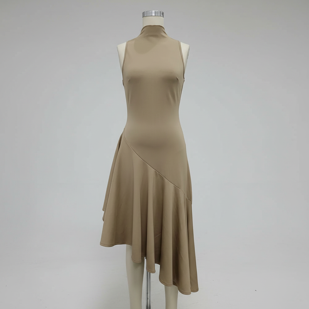 Trend4us Elegant High-Neck Asymmetrical Hem Midi Dress